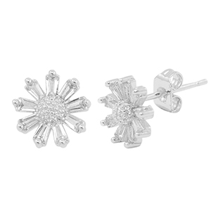 Brass TQ metaal oorbellen / oorstekers zirkonia bloem Silver
