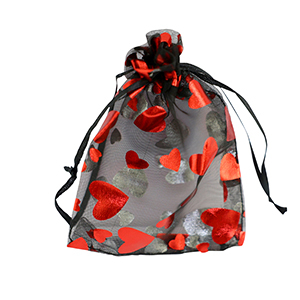 Sieraad zakje organza 9x12cm hart Black-red