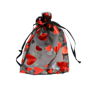 Sieraad zakje organza 7x9cm hart Black-red