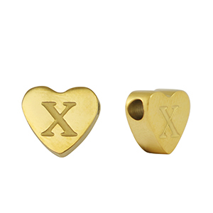 Roestvrij stalen (RVS) Stainless steel kralen hart letter X Gold