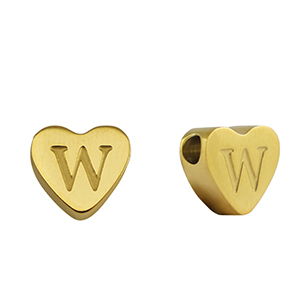 Roestvrij stalen (RVS) Stainless steel kralen hart letter W Gold
