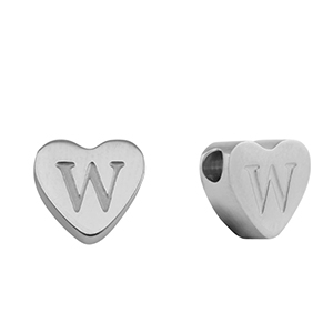 Roestvrij stalen (RVS) Stainless steel kralen hart letter W Silver