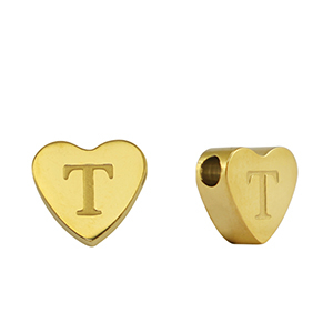 Roestvrij stalen (RVS) Stainless steel kralen hart letter T Gold