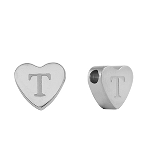 Roestvrij stalen (RVS) Stainless steel kralen hart letter T Silver