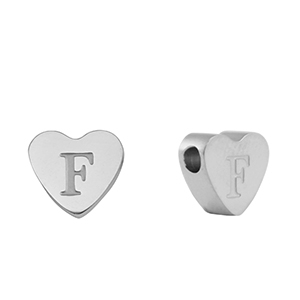 Roestvrij stalen (RVS) Stainless steel kralen hart letter F Silver