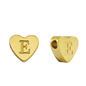 Roestvrij stalen (RVS) Stainless steel kralen hart letter E Gold