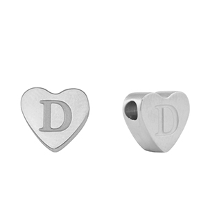 Roestvrij stalen (RVS) Stainless steel kralen hart letter D Silver