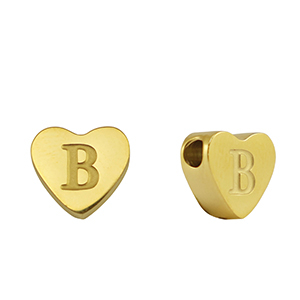 Roestvrij stalen (RVS) Stainless steel kralen hart letter B Gold