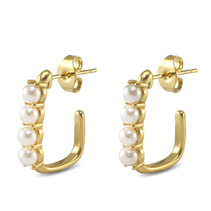 Roestvrij stalen (RVS) Stainless steel oorbellen / oorstekers vierkant imitatie parels Gold