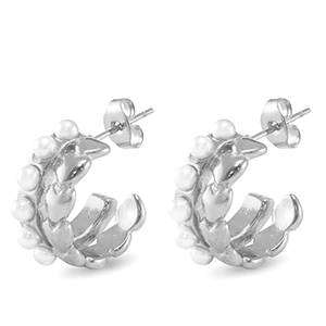 Roestvrij stalen (RVS) Stainless steel oorbellen / oorstekers hart imitatie parels Silver