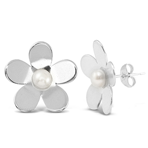 Roestvrij stalen (RVS) Stainless steel oorbellen / oorstekers parels bloem Silver