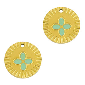 Roestvrij stalen (RVS) Stainless steel bedels rond bloem Gold-mint green