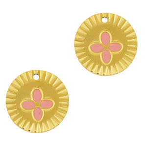 Roestvrij stalen (RVS) Stainless steel bedels rond bloem Gold-pink