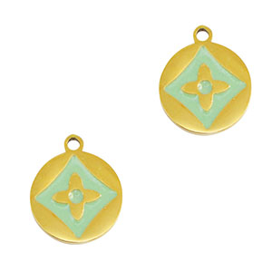 Roestvrij stalen (RVS) Stainless steel bedels rond bloem Gold-mint green
