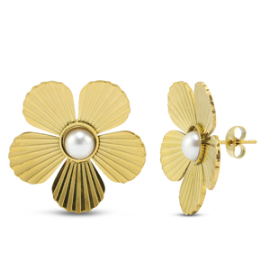 Roestvrij stalen (RVS) Stainless steel oorbellen / oorstekers bloem met imitatie parels Gold