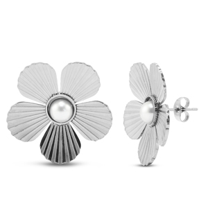 Roestvrij stalen (RVS) Stainless steel oorbellen / oorstekers bloem met imitatie parels Silver