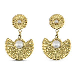 Roestvrij stalen (RVS) Stainless steel oorbellen / oorstekers waaier met imitatie parels Gold