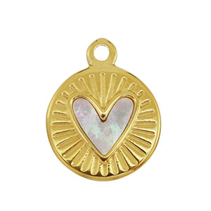 Roestvrij stalen (RVS) Stainless steel bedel schelp rond met hart Gold-white (natuurlijke kleur)