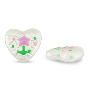 Acryl kralen hart met bloem Pearl-lilac pink-green