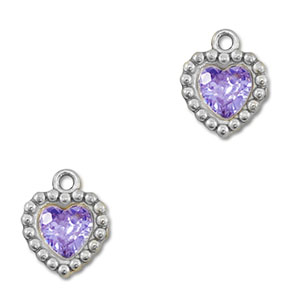 Roestvrij stalen (RVS) Stainless steel bedels zirkonia hart Silver-purple