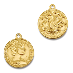 Roestvrij stalen (RVS) Stainless steel bedels munt met schip/gezicht Gold