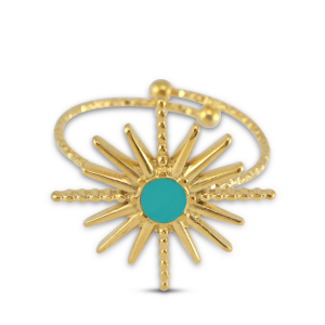 Roestvrij stalen (RVS) Stainless steel ringen enamel ster Gold-turquoise blue