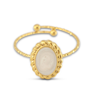 Roestvrij stalen (RVS) Stainless steel ringen enamel ovaal Gold-pearl white