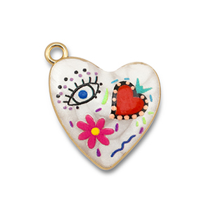 Bedels metaal met enamel hart White-multicolour-gold