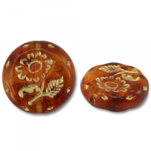 Acryl kralen rond met bloem Cognac brown-gold