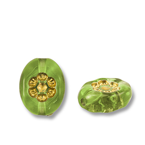 Acryl kralen ovaal met bloem Olive green-gold