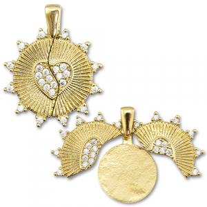 Eco-brass&reg; metaal medaillon bedels zirkonia rond met hart / rond Gold