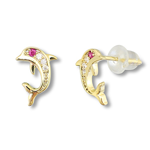 Brass TQ metaal oorbellen / oorstekers dolfijn Gold-dark pink