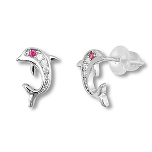 Brass TQ metaal oorbellen / oorstekers dolfijn Silver-dark pink