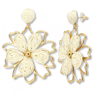 Trendy raffia oorbellen bloem Off white-gold
