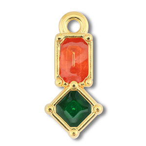 Bedels DQ metaal rechthoek met ruit Goud (nikkelvrij)-orange-green