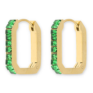 Roestvrij stalen (RVS) Stainless steel oorbellen / creolen rechthoek met strass Gold-green