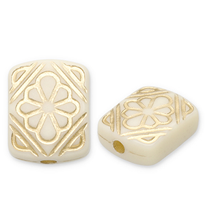 Acryl kralen rechthoek met bloem Off white-gold