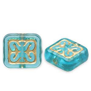 Acryl kralen rechthoek Teal blue-gold