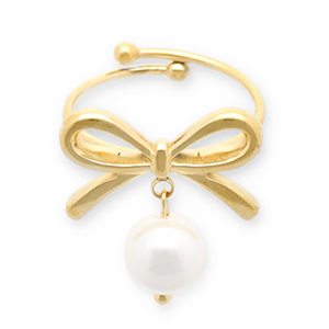 Roestvrij stalen (RVS) Stainless steel ringen strik met parel Gold-white