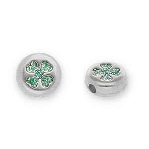 Kralen DQ metaal rond met klaver Antiek zilver-glitter turquoise (Nikkelvrij)
