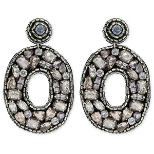 Trendy oorbellen / oorstekers met glaskralen ovaal Black-silver-light blue