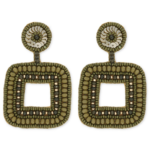 Trendy oorbellen / oorstekers met glaskralen vierkant Olive green