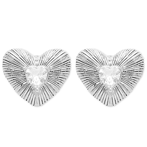 Roestvrij stalen (RVS) Stainless steel oorbellen / oorstekers hart Silver-crystal