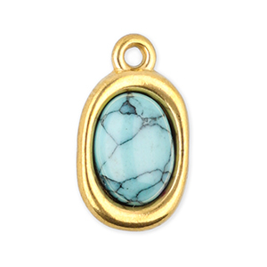 Roestvrij stalen (RVS) Stainless steel bedels ovaal met natuursteen howliet Gold-light blue