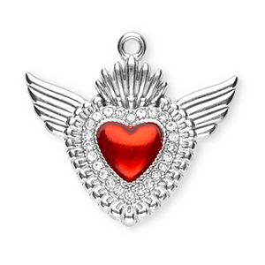 Roestvrij stalen (RVS) Stainless steel bedels heilig hart met vleugels Silver-red-crystal