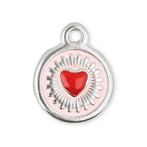 Roestvrij stalen (RVS) Stainless steel bedels rond met hart Silver-red-light pink
