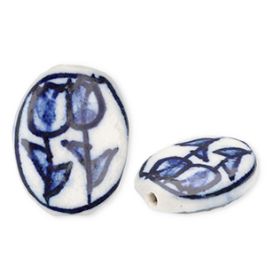 Kralen keramiek ovaal met tulpen Off white-Delft blue