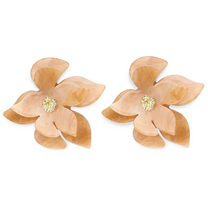 Trendy resin oorbellen&nbsp;/&nbsp;oorstekers bloem Brown marble-gold