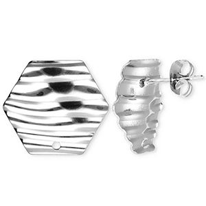 Roestvrij stalen (RVS) Stainless steel onderdelen oorbellen / oorstekers hexagon met lijnen met oogje Silver