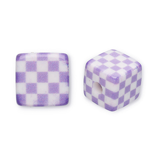 Acryl kralen vierkant met blokjes Purple-white